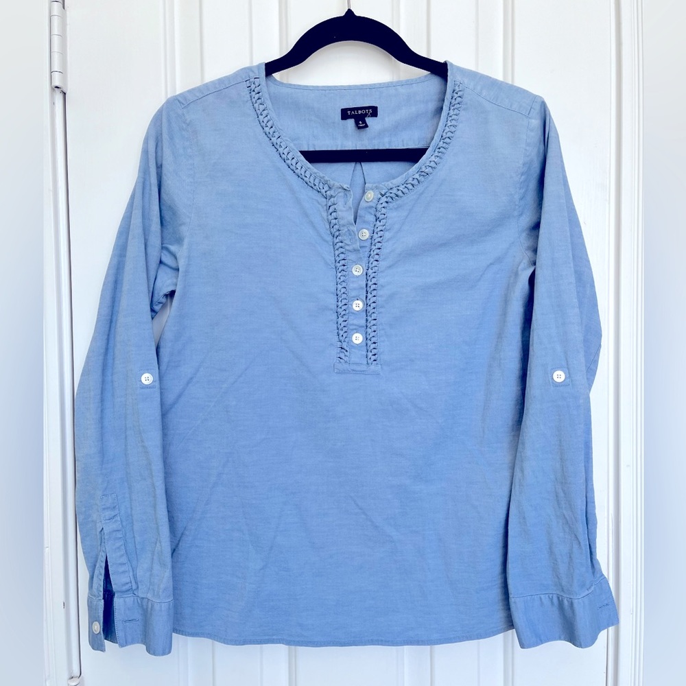 Talbots denim chambray Henley poppver